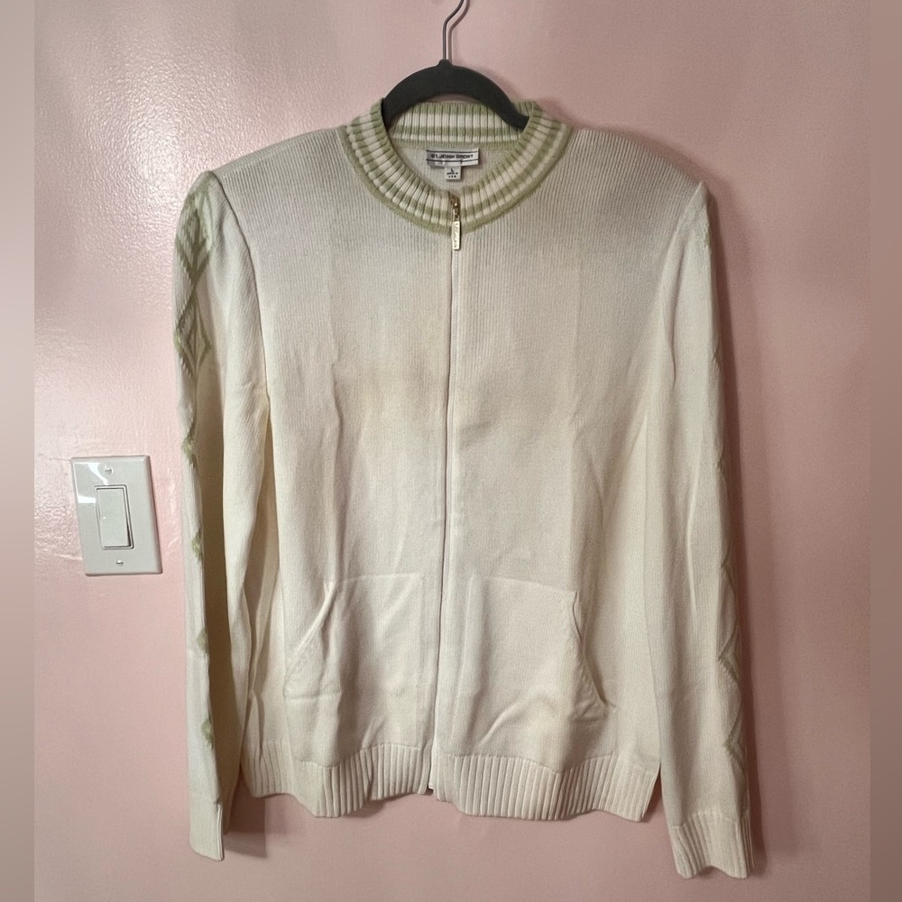 St. John Collection Cream Zip-Front Knit Cardigan with Pale Green Trim